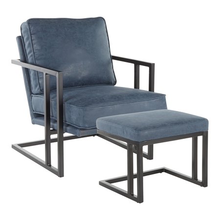 LUMISOURCE Roman Lounge Chair and Ottoman in Black Metal and Blue Faux Leather C2-ROMAN BKBU
